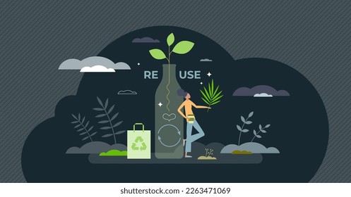 Reuse materials and recycle paper or plastic packaging tiny person concept. Zero waste lifestyle as sustainable, nature friendly or environmental thinking vector illustration. Reduce trash or garbage