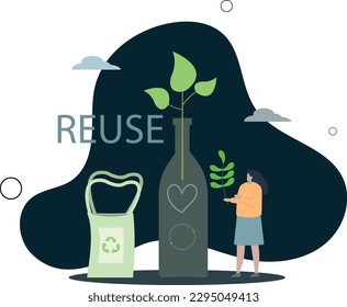Reuse materials and recycle paper or plastic packaging.Zero waste lifestyle as sustainable, nature friendly or environmental thinking .flat vector illustration.