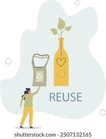 Reuse materials and recycle paper or plastic packaging.Zero waste lifestyle as sustainable, nature friendly or environmental thinking .flat design with people.