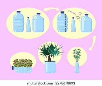 Reutilización de la ilustración vectorial de botellas plásticas. Instrucción de cómo hacer jarrones y macetas de flores desde paquetes vacíos sobre fondo rosa. Sostenibilidad, reciclaje, mejora, concepto de ecología