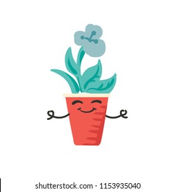 Reuse plastic red cup flower pot in home garden and craft recycle theme illustration funny character with face and hands meditating vector isolated on white
