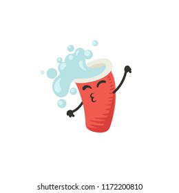 Reuse plastic red cup with water recycling theme rince befor recycle illustration funny character with face and hands vector isolated on white