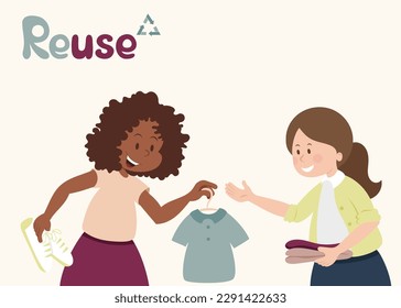 Reuse poster. One woman gives clothes to other woman. Second hand and flea market. Resale and recycle. Sustainability and eco concept. Vector flat illustration 