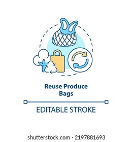 Reuse produce bags concept icon. Zero waste shopping abstract idea thin line illustration. Use reusable tote bags. Isolated outline drawing. Editable stroke. Arial, Myriad Pro-Bold fonts used