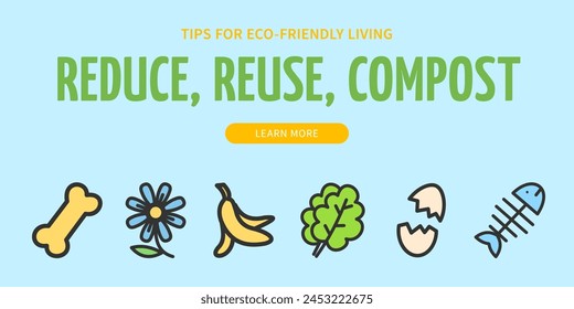 Reuse, Reduce, Compost Recycle Concept Horizontal Placard Poster Banner Card. Vector illustration of Composting Organic Product