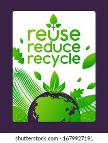 Reuse, reduce, recycle banner for eco friendly business, green earth, leaf on white, vector illustration. Concept design sorting and clean plastic, paper, metal. Banner, poster save the planet.