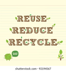 reuse reduce recycle with handwritten word and leaf