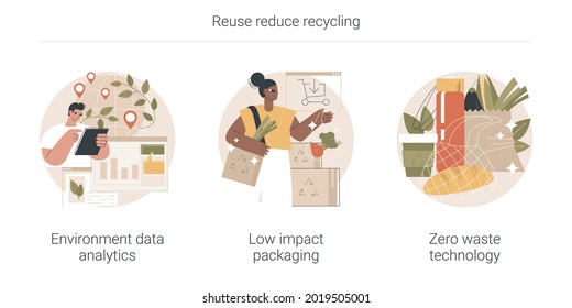 Reuse reduce recycling abstract concept vector illustration set. Environment data analytics, low impact packaging, zero waste technology, eco friendly, plastic free container abstract metaphor.