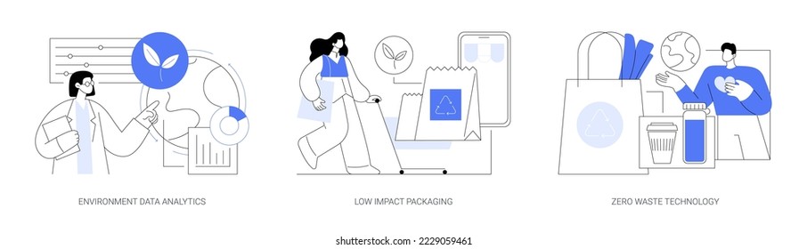 Reuse reduce recycling abstract concept vector illustration set. Environment data analytics, low impact packaging, zero waste technology, eco friendly, plastic free container abstract metaphor.