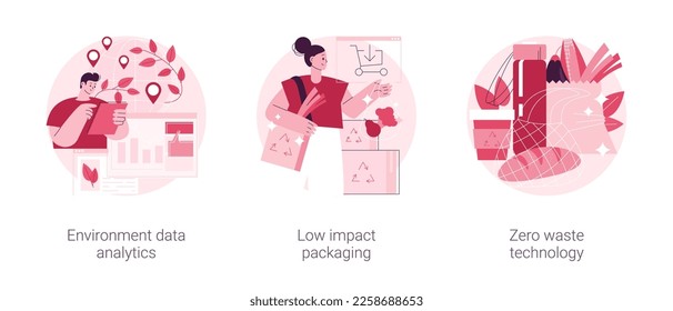 Reuse reduce recycling abstract concept vector illustration set. Environment data analytics, low impact packaging, zero waste technology, eco friendly, plastic free container abstract metaphor.