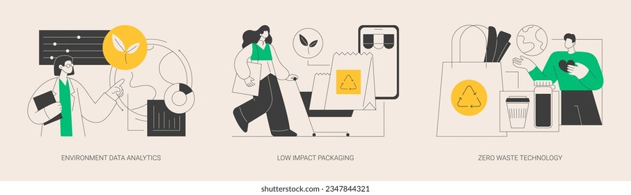 Reutilizar reducir el reciclado conjunto de ilustración vectorial de concepto abstracto. Análisis de datos ambientales, embalajes de bajo impacto, tecnología de basura cero, metáfora abstracta de contenedores sin plástico, respetuosa con el medio ambiente.