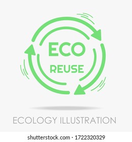 Reuse rotate sign in linear style with green arrows on grey background. Garbage recycling and reusing icon for clean Earth. Ecology flat symbol for business with green color. Eps 10 vector
