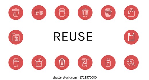 reuse simple icons set. Contains such icons as Trash bin, Garbage, Bin, Trash, Recycle bin, Plastic bag, Reuse, Rubbish, Waste, can be used for web, mobile and logo
