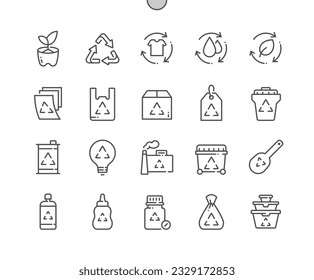 Reutilizar. Estilo de vida de basura cero. Reciclando ropa. Bolsa de plástico. Aceite residual. Contenedores de alimentos. Iconos De Línea Delgada De Vector Perfecto De Pixel. Pictograma mínimo simple