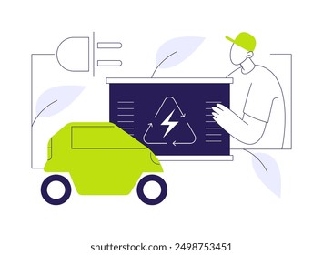 Reusing and repurposing EV batteries abstract concept vector illustration. Man deals with EV eco-friendly batteries reusing, ecology environment, sustainable energy abstract metaphor.