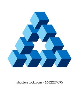 Reutersvard optical illusion, blue colored. Impossible object. Created by following the concept of a Penrose triangle, shown with blue cube shapes. Isolated illustration on white background. Vector.