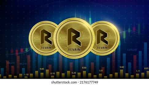 Revain (REV) 3 moneda Cryptocurrency blockchain. Tecnología alternativa de reemplazo de moneda digital en el futuro. Antecedentes de la gráfica de crecimiento de la moneda virtual dorada plateada. Ilustración vectorial 3D.