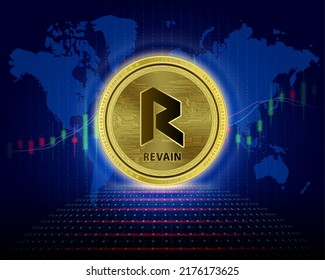 Moneda de Revain (REV). Ilustración vectorial 3D. Cryptocurrency blockchain (divisa criptográfica) Futura tecnología de reemplazo digital. El gráfico plateado de crecimiento virtual de la moneda es un antecedente.