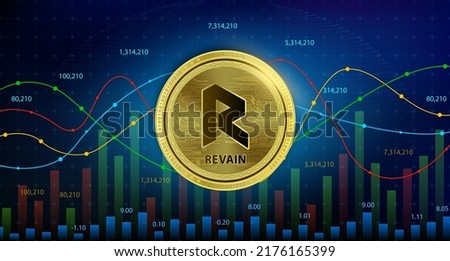 Revain (REV) coin Cryptocurrency blockchain. Future digital currency replacement technology alternative currency, Silver golden stock chart number up down is background. 3D Vector illustration.