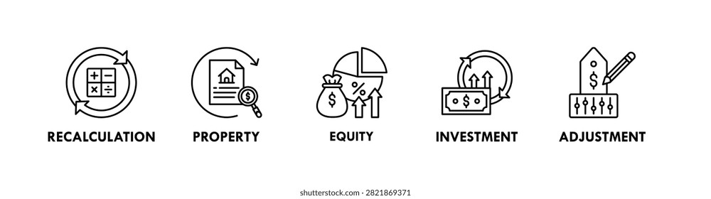 Revaluation banner web icon illustration concept with icon of recalculation, property, equity, investment, and adjustment