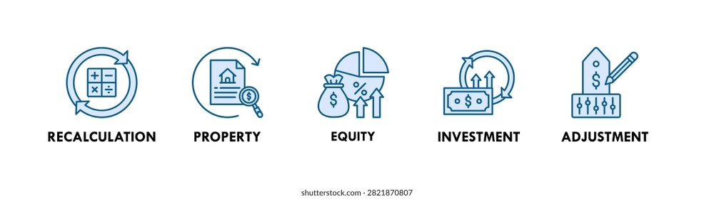 Revaluation banner web icon illustration concept with icon of recalculation, property, equity, investment, and adjustment