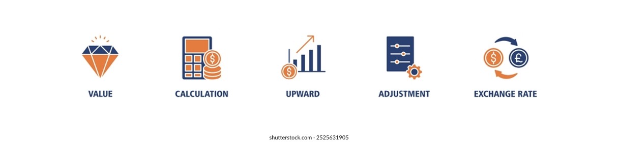 Ícone web da faixa de reavaliação conjunto conceito de ilustração vetorial com ícone de valor, cálculo, para cima, ajuste e taxa de câmbio ícones infográficos símbolo fundo