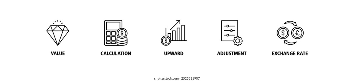 Ícone web da faixa de reavaliação conjunto conceito de ilustração vetorial com ícone de valor, cálculo, para cima, ajuste e taxa de câmbio ícones infográficos símbolo fundo