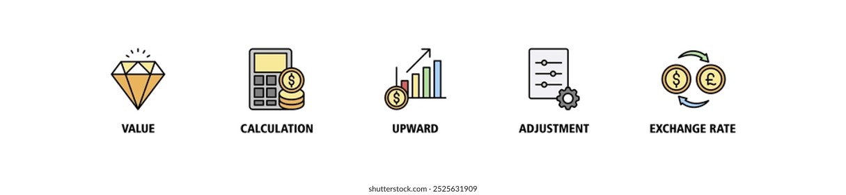 Ícone web da faixa de reavaliação conjunto conceito de ilustração vetorial com ícone de valor, cálculo, para cima, ajuste e taxa de câmbio ícones infográficos símbolo fundo