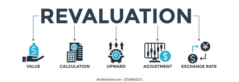 Banner da reavaliação ícone da web vetor conceito de ilustração com ícone de valor, cálculo, para cima, ajuste e taxa de câmbio
