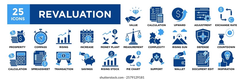 Revaluation icon collection set. Containing design business, finance, investment, revaluation, economic, market, economy	
