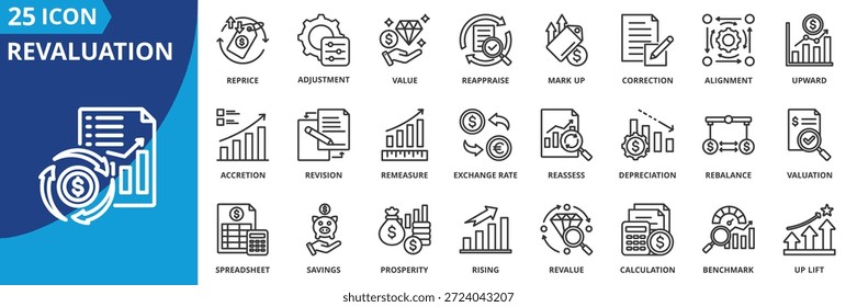 revaluation icon set collection in outline style. icon pack contain revalue, reassess, reprice, reappraise, adjustment, uplift, savings, markup, rising, remeasure icon