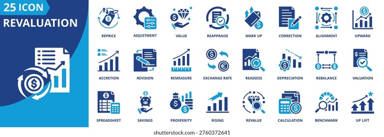 revaluation icon set collection in solid glyph dual color style. pack contain revalue, reassess, reprice, reappraise, adjustment, uplift, savings, markup, rising, remeasure icon