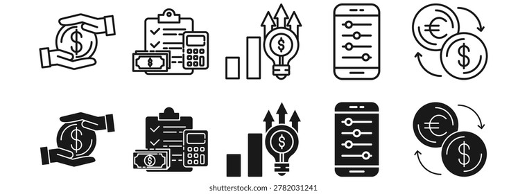 Revaluation icon set. Value and calculation symbol.
