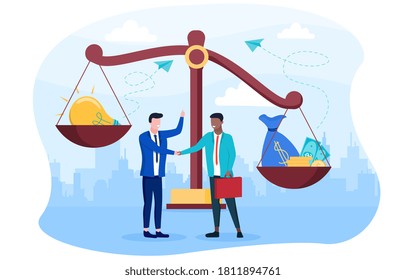 Revaluation ideas and values concept. Two diverse businessmen weighing money and an idea on the scales in order to make a mutually beneficial exchange.