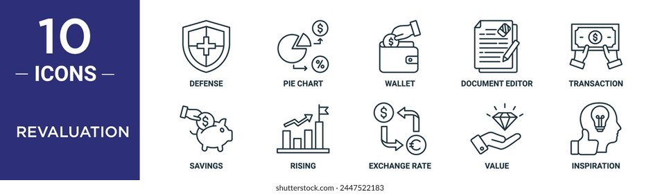 revaluation outline icon set includes thin line defense, pie chart, wallet, document editor, transaction, savings, rising icons for report, presentation, diagram, web design