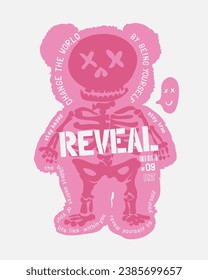 eslogan de revelación con silueta de muñeca de oso rosa y ilustración de esqueleto vectorial