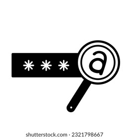 Revealed password with stars and magnifying glass vector icon black silhouette outline isolated on square white background. Simple flat cartoon art styled drawing with cyber internet security.