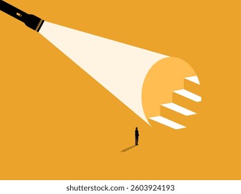 Revealing the strategy, Businessman standing looking at flashlight shining on stairs