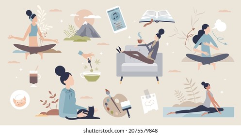 Revealing stress with yoga and meditation for peace tiny person collection. Mental care and frustration free zone with slow breathing and mental inner calmness vector illustration. Calm self support.