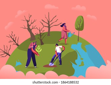 Revegetation, Forest Restoration, Reforestation and Planting Trees Concept. Volunteer Characters Care of Green Plants Watering , Save Nature, Environment Protection. Cartoon People Vector Illustration