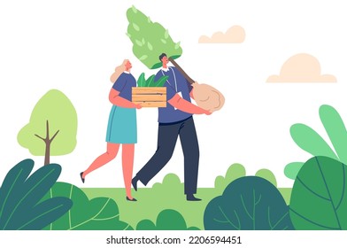 Revegetation, Forest Restoration, Reforestation and Planting Trees Concept. Volunteer Characters Growing Trees, Care of Green Plants, People Save Nature and Environment. Cartoon Vector Illustration