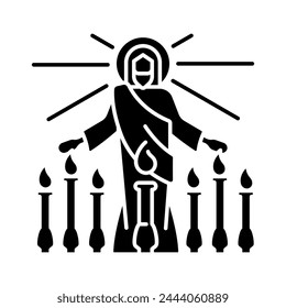 Revelation black glyph icon. Jesus Christ and seven lampstands. Biblical scene. Apostle John vision and scripture. Silhouette symbol on white space. Solid pictogram. Vector isolated illustration