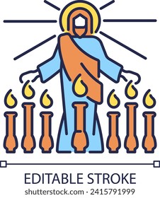 Revelation RGB color icon. Jesus Christ and seven lampstands. Biblical scene. Apostle John vision and scripture. Isolated vector illustration. Simple filled line drawing. Editable stroke