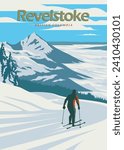 revelstoke mountain ski resort vintage poster background design, british columbia canada travel poster design