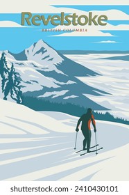 revelstoke mountain ski resort vintage poster background design, british columbia canada travel poster design