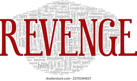 Diseño conceptual de nube de palabras vengativas aislado en fondo blanco.