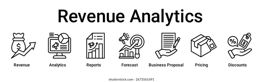 Concepto de Ilustración vectorial de ícono de Web de Anuncio de Revenue Analytics para negocios con ícono de Revenue, Analytics, Informes, Pronóstico, Propuesta de negocio, Precios.