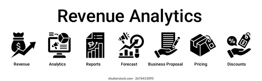 Concepto de Ilustración vectorial de ícono de Web de Anuncio de Revenue Analytics para negocios con ícono de Revenue, Analytics, Informes, Pronóstico, Propuesta de negocio, Precios.