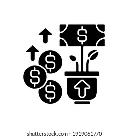 Revenue black glyph icon. Income and increase in net assets that entity has from its normal activities. Budget increasing process. Silhouette symbol on white space. Vector isolated illustration