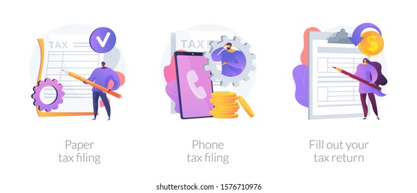 Revenue declaration ways, convenient methods, reporting on paper and by phone. Paper tax filing, phone tax filing, fill out your tax return metaphors. Vector isolated concept metaphor illustrations.